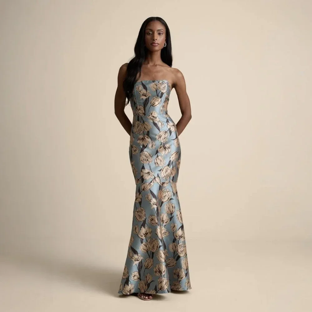Lulu's Strapless Blue and Gold Floral Maxi Dress - Picture 1 of 6